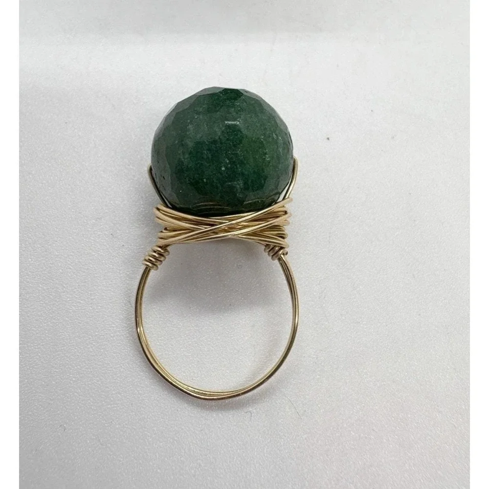 Gold-Filled Wire Wrapped Geodesic Faceted Green Aventurine Ring Size‎ 5.25 Boho